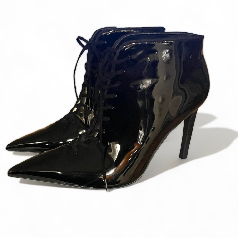 Zara Black Patent Pointed Lace-Up Heel Booties (Size 7) - Picture 2 of 5